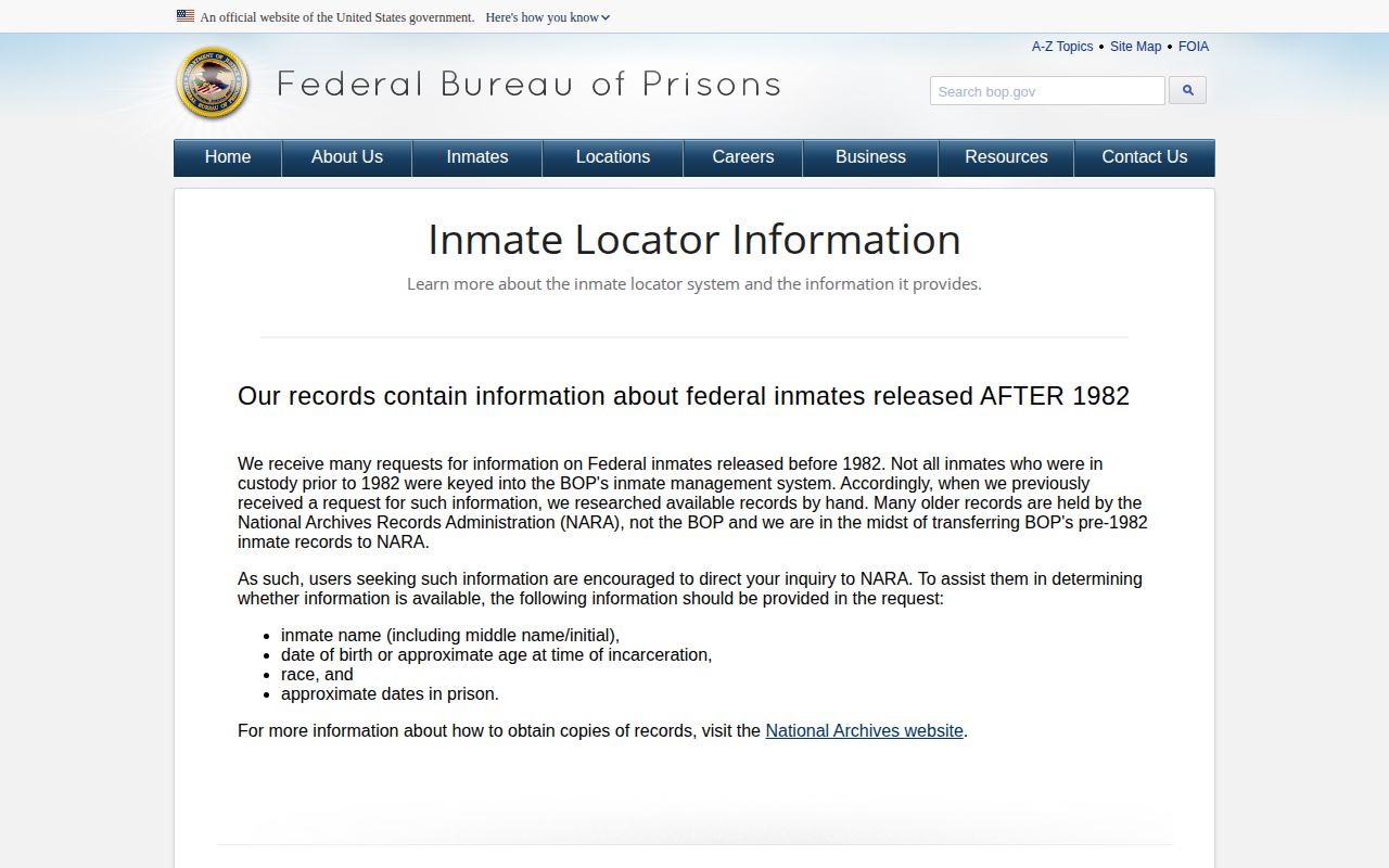 BOP Released and Not in BOP Custody status explanation for Yalobusha County research